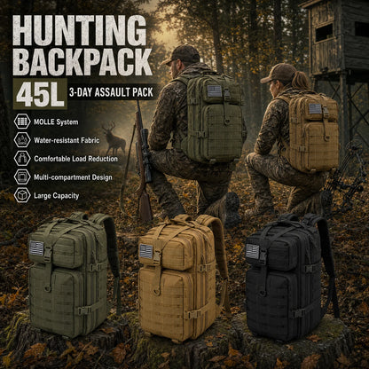 ReFireGearUS tactical hunting backpack in camouflage with multiple pockets, water-resistant outdoor rucksack for camping, hiking, and survival.