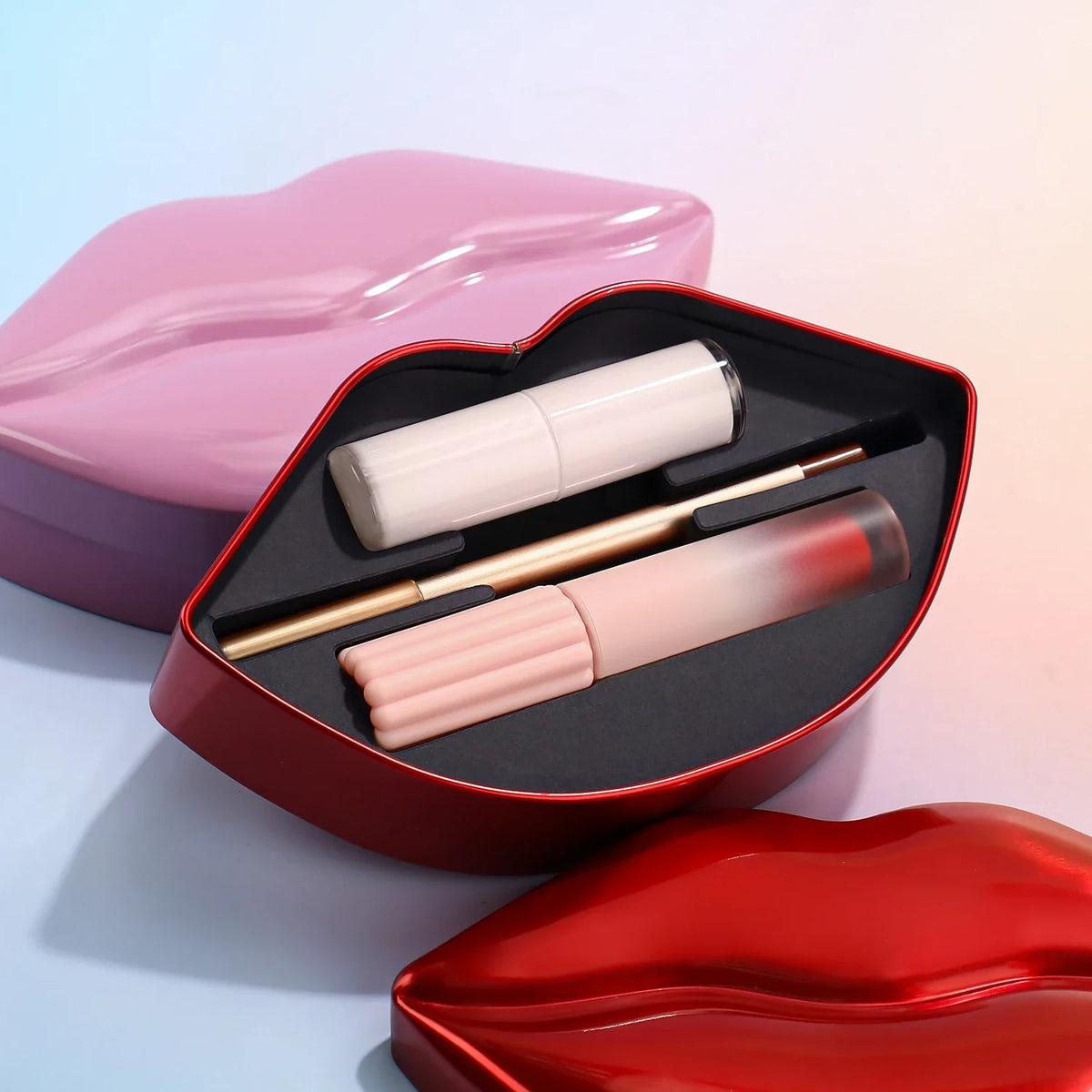 Blushimmer lip makeup kit with gloss, pencil, liner, and balm in a 3-in-1 gift box featuring matte and glossy finishes.
