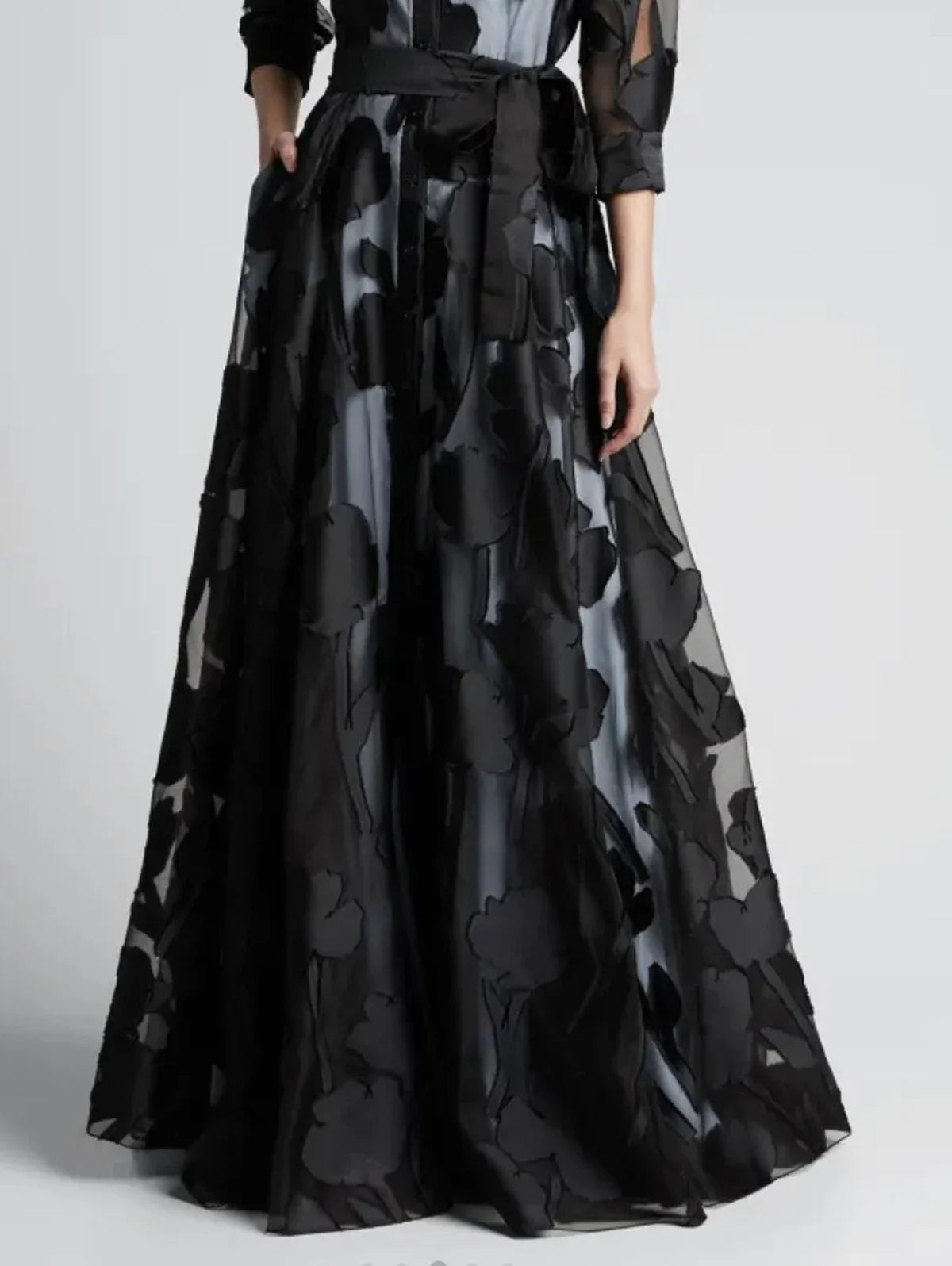 Elegant Three-Quarter Sleeve Knotted Waist Jacquard Mesh Maxi Dress for Women No Lining Transparent Club Party Long Dress