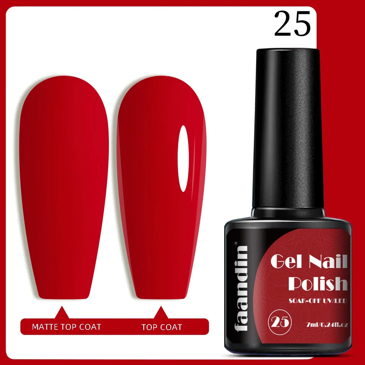 Blushimmer Faandin 7ml red gel nail polish bottle with vibrant, full color, quick-drying, alcohol-free, and fade-resistant gel polish.