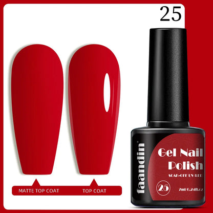 Blushimmer Faandin 7ml red gel nail polish bottle with vibrant, full color, quick-drying, alcohol-free, and fade-resistant gel polish.