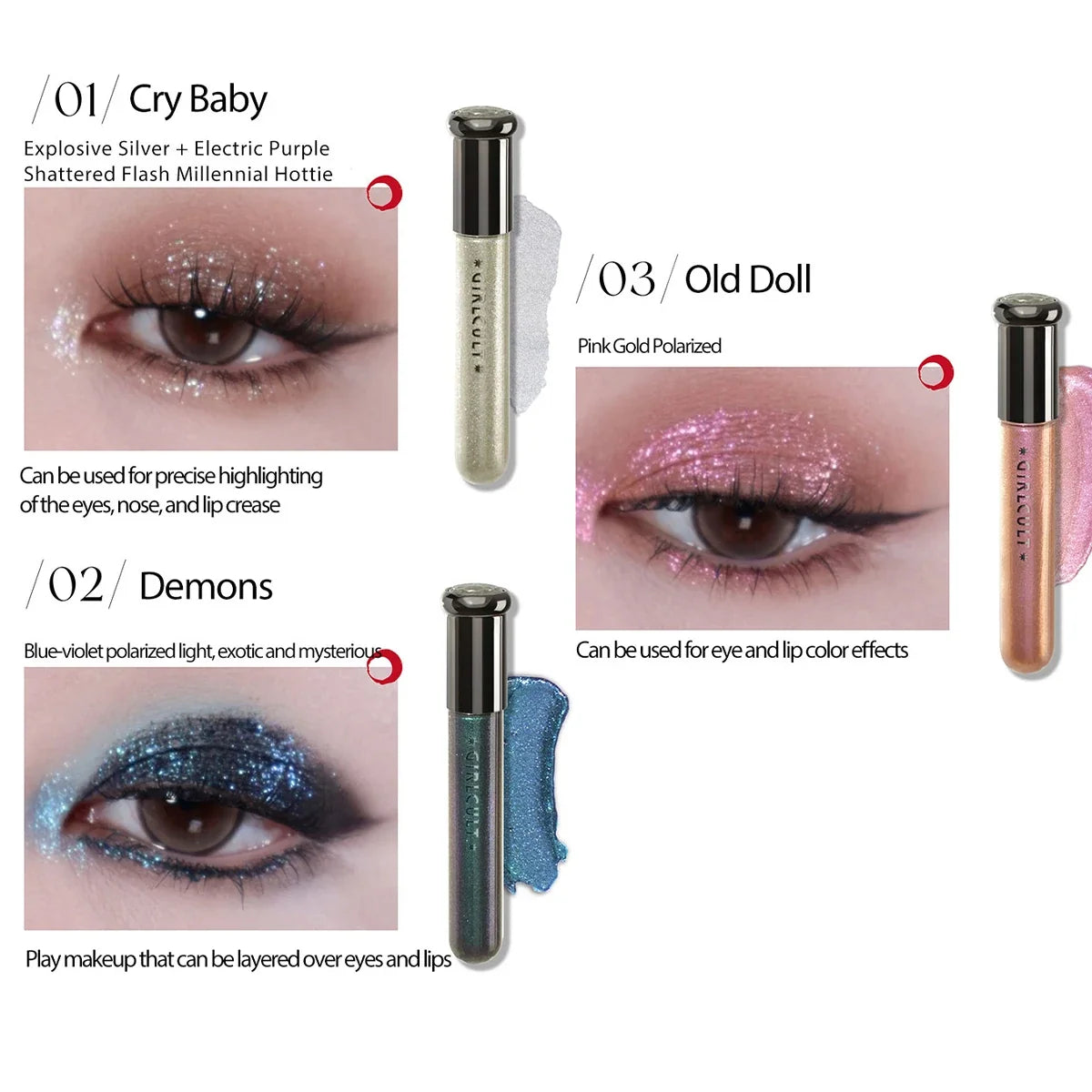 Girlcult Hallucination liquid eyeshadow by Blushimmer with fine glitter, metallic shine, iridescent shift, ideal for eye highlighting.