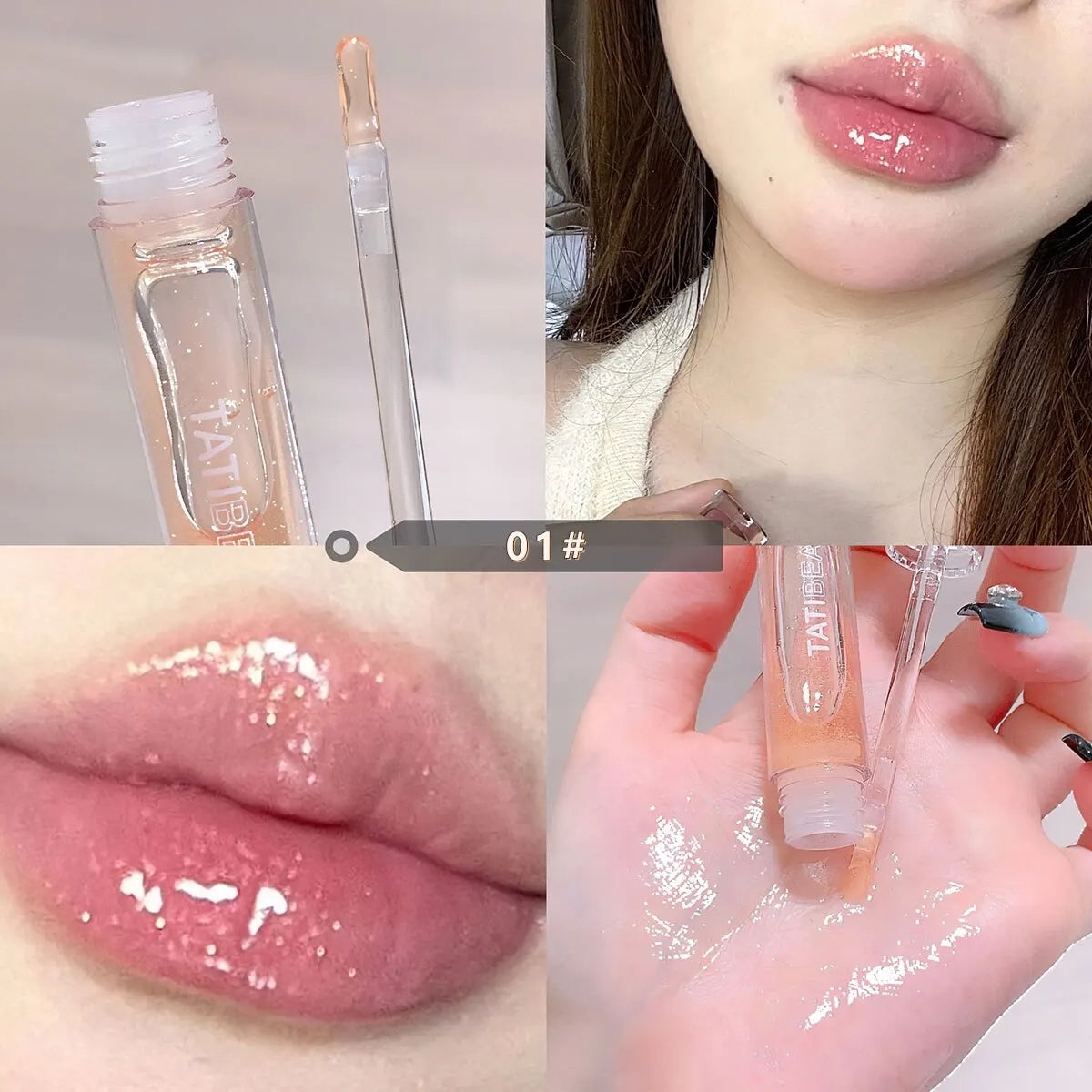 Blushimmer transparent water gloss lip oil with honey flavor, moisturizing lip glaze in a mirror-topped glass tube.