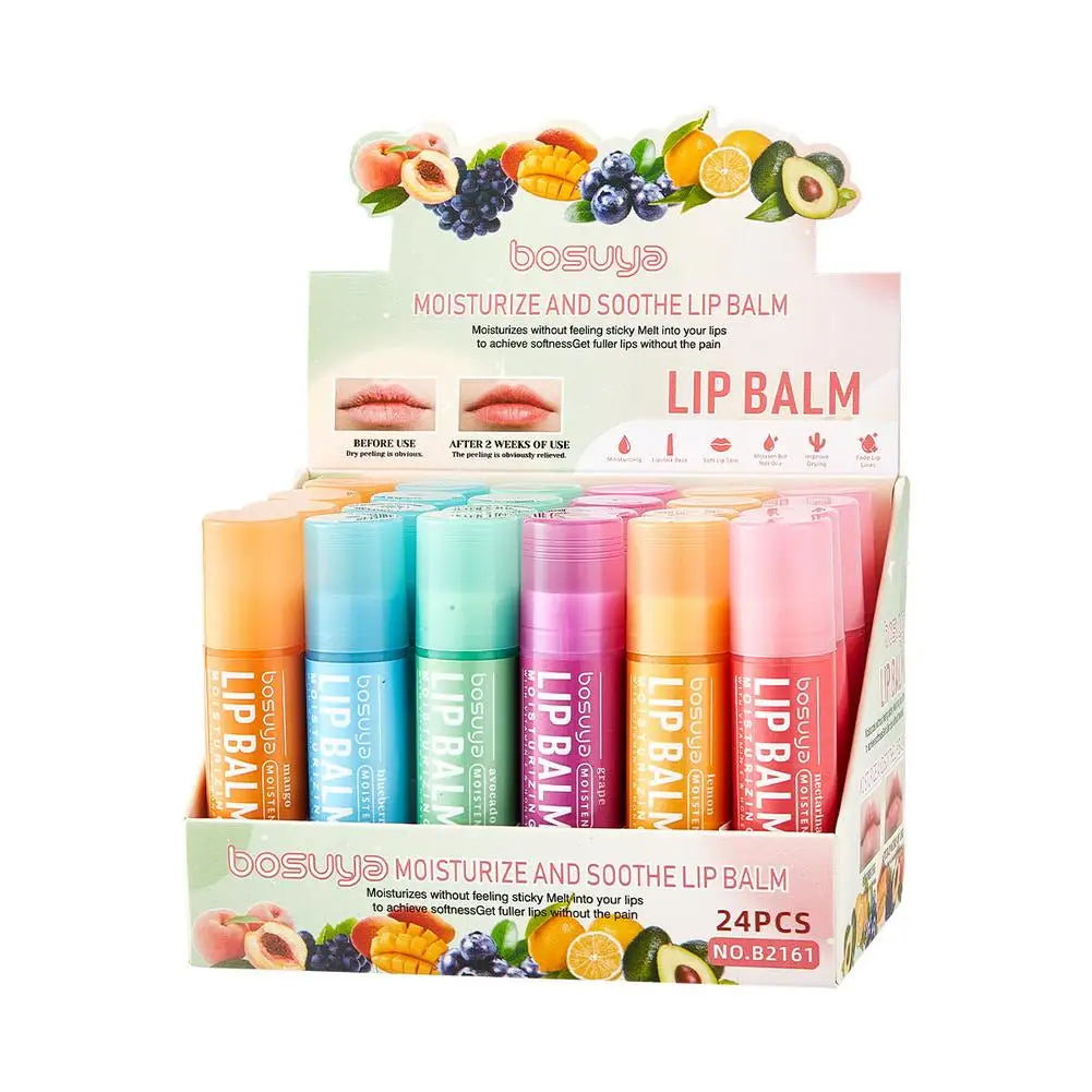 Assorted fruit flavor Blushimmer lip balm set with 6 or 24 pieces, featuring hydrating, nourishing formulas for dry lips and fine lines.