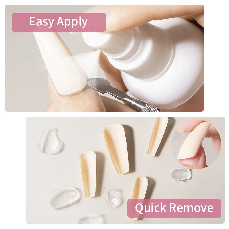 Blushimmer RSNAIL 100ml nail glue remover gel for press-on and acrylic nails, shown in a clear bottle with a black cap.