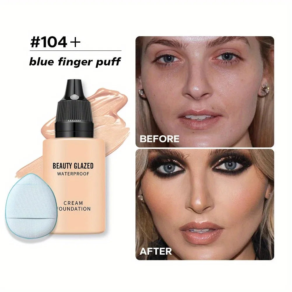 Blushimmer 2024 liquid matte foundation with blue puff, full coverage, waterproof, natural finish, and included makeup puff.
