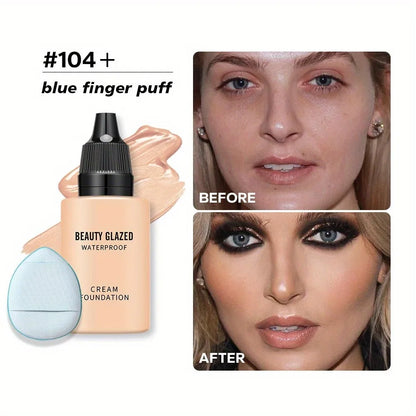 Blushimmer 2024 liquid matte foundation with blue puff, full coverage, waterproof, natural finish, and included makeup puff.