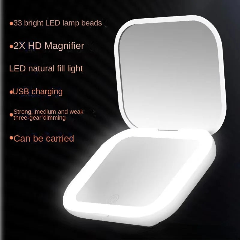 Blushimmer mini portable folding makeup mirror with LED lights, magnifying compact vanity mirror for travel and makeup application