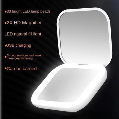 Blushimmer mini portable folding makeup mirror with LED lights, magnifying compact vanity mirror for travel and makeup application
