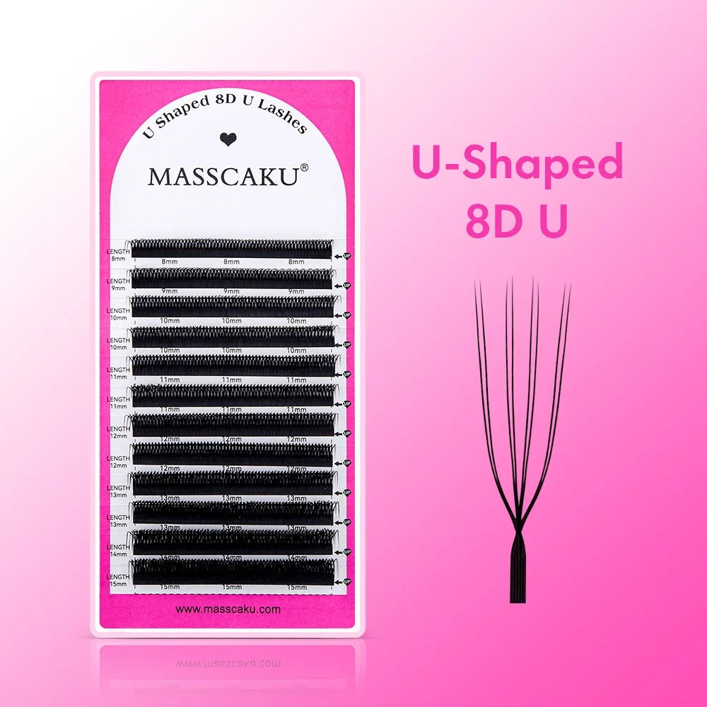 Blushimmer MASSCAKU U-shaped 3D 4D 5D eyelash extensions with C and D curl, natural mink false eyelashes, premade fan volume lashes.