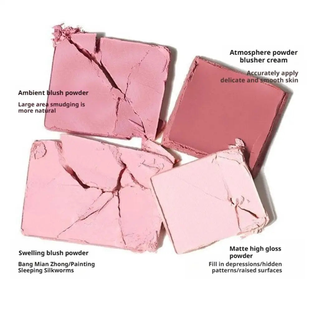 Blushimmer 4-color blush highlighter palette with matte shades for contouring and brightening, featuring smooth textured Korean makeup products.