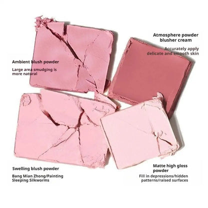 Blushimmer 4-color blush highlighter palette with matte shades for contouring and brightening, featuring smooth textured Korean makeup products.