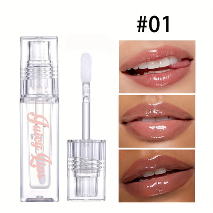 Blushimmer Hydrating Crystal Lip Oil with tinted gloss, featuring a plumping and moisturizing formula, shown in a sleek bottle.