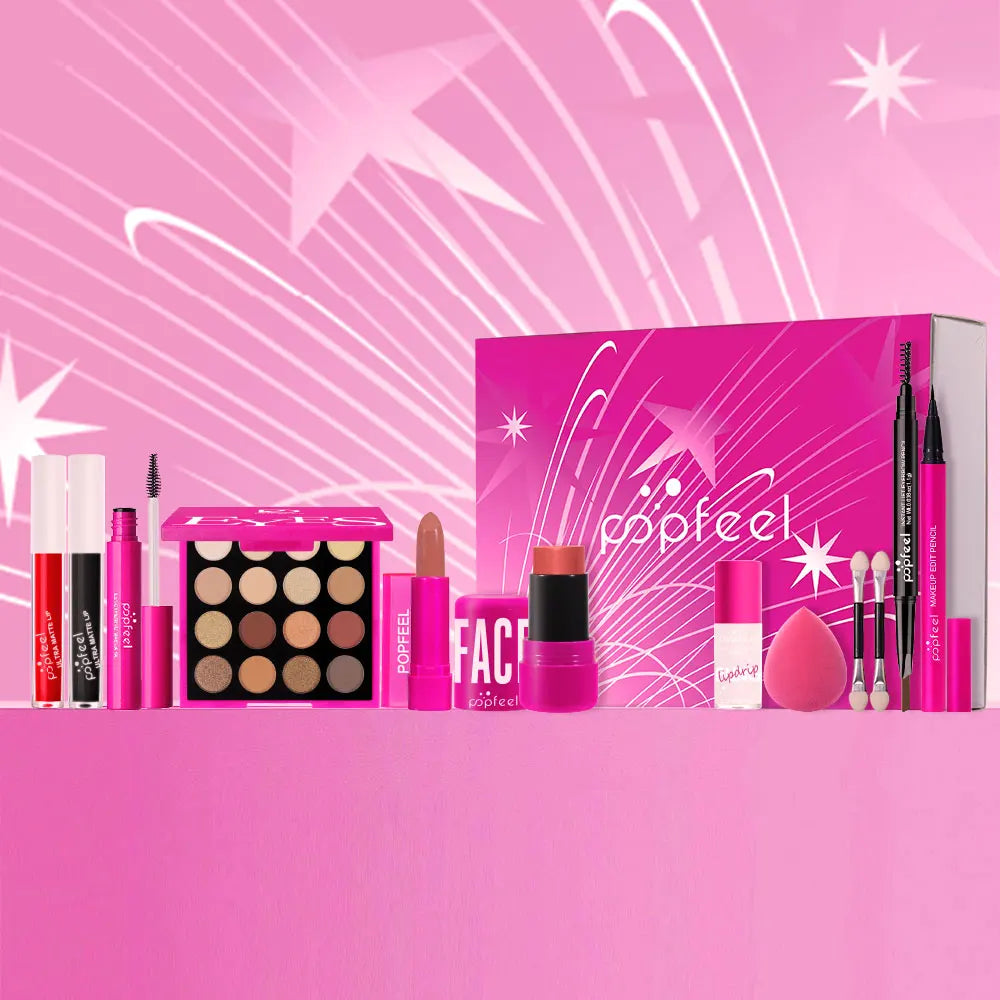 Blushimmer POPFEEL pink makeup set gift box with eyeshadow, blush, and lipstick, perfect for girls' birthdays or special occasions.