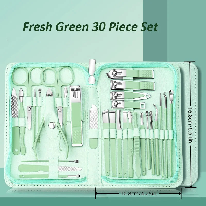 Portable Blushimmer manicure set with stainless steel nail clippers, scissors, and trimming tools for fingernail and toenail care.