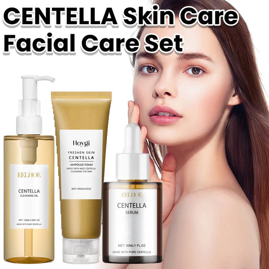 Blushimmer Centella facial care set with soothing makeup remover oil, gentle cleanser, and serum for sensitive skin.