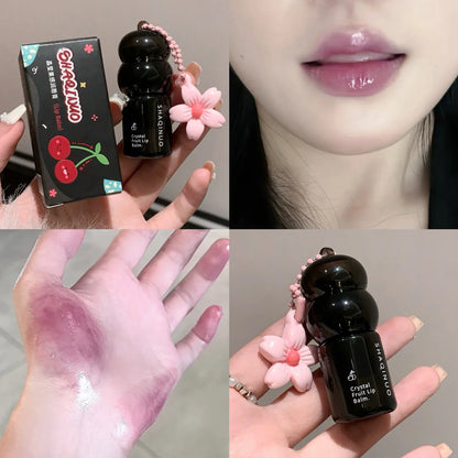 Blushimmer Crystal Strawberry lip balm stick with key chain, moisturizing, hydrating, color-changing lip care product for smooth lips