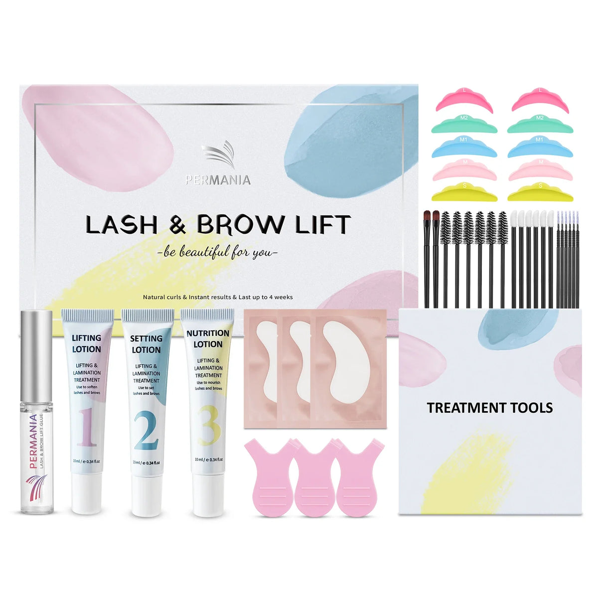Blushimmer Permania eyelash lift and brow lamination kit showing eyelash and brow styling tools and products for curling and lifting.
