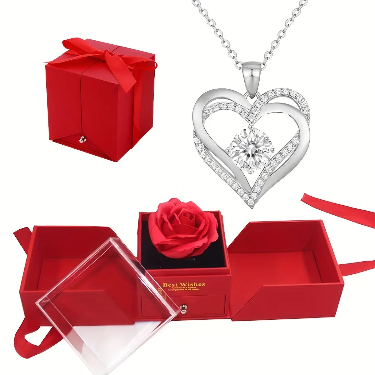 Women's Double Heart Necklace in Rose Gift Box - for Mother, Wife, Girlfriend - Valentine's Day, Birthday, Wedding Present
