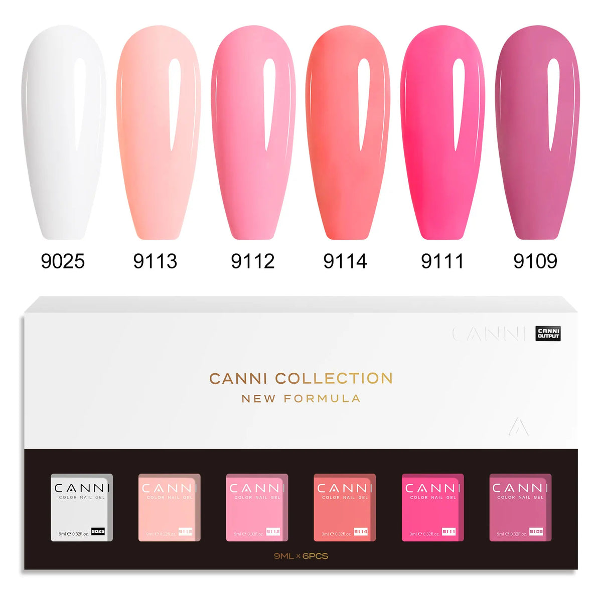 Blushimmer CANNI HEMA FREE nail gel polish set with six 9ml bottles in vibrant semi-permanent colors for UV and LED gel nails.