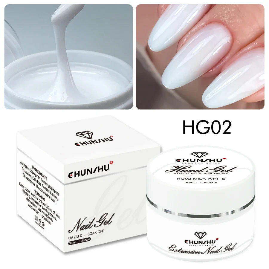 Milky white 30ML Blushimmer hard gel for nail extensions, self-leveling builder gel for reinforcement and camouflage manicure.
