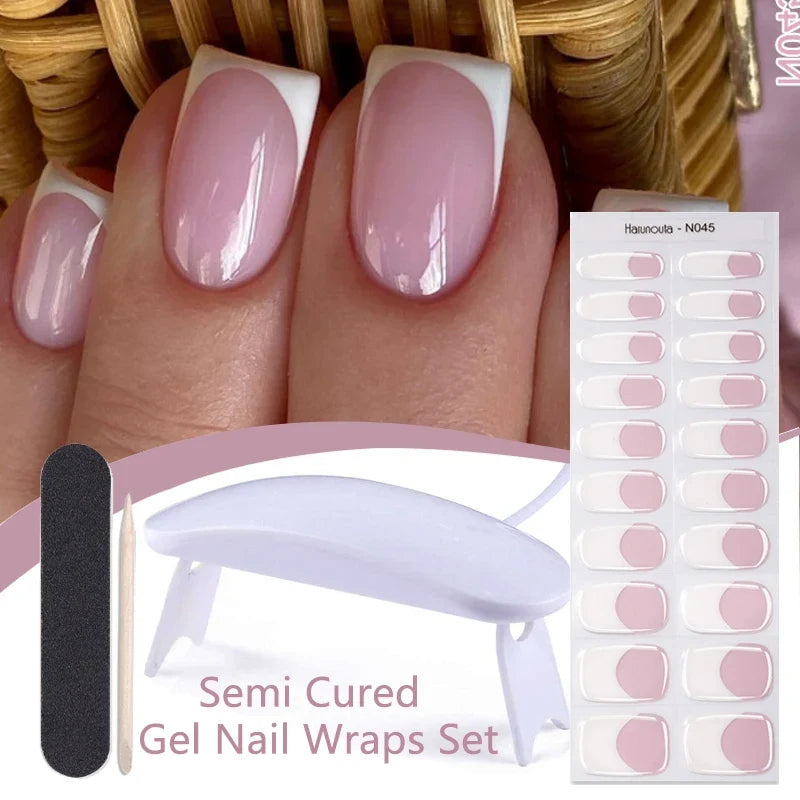 Blushimmer Harunouta 4-piece gradient jelly semi-cured gel nail strips with nude pink waterproof nail stickers and matching nail lamp.