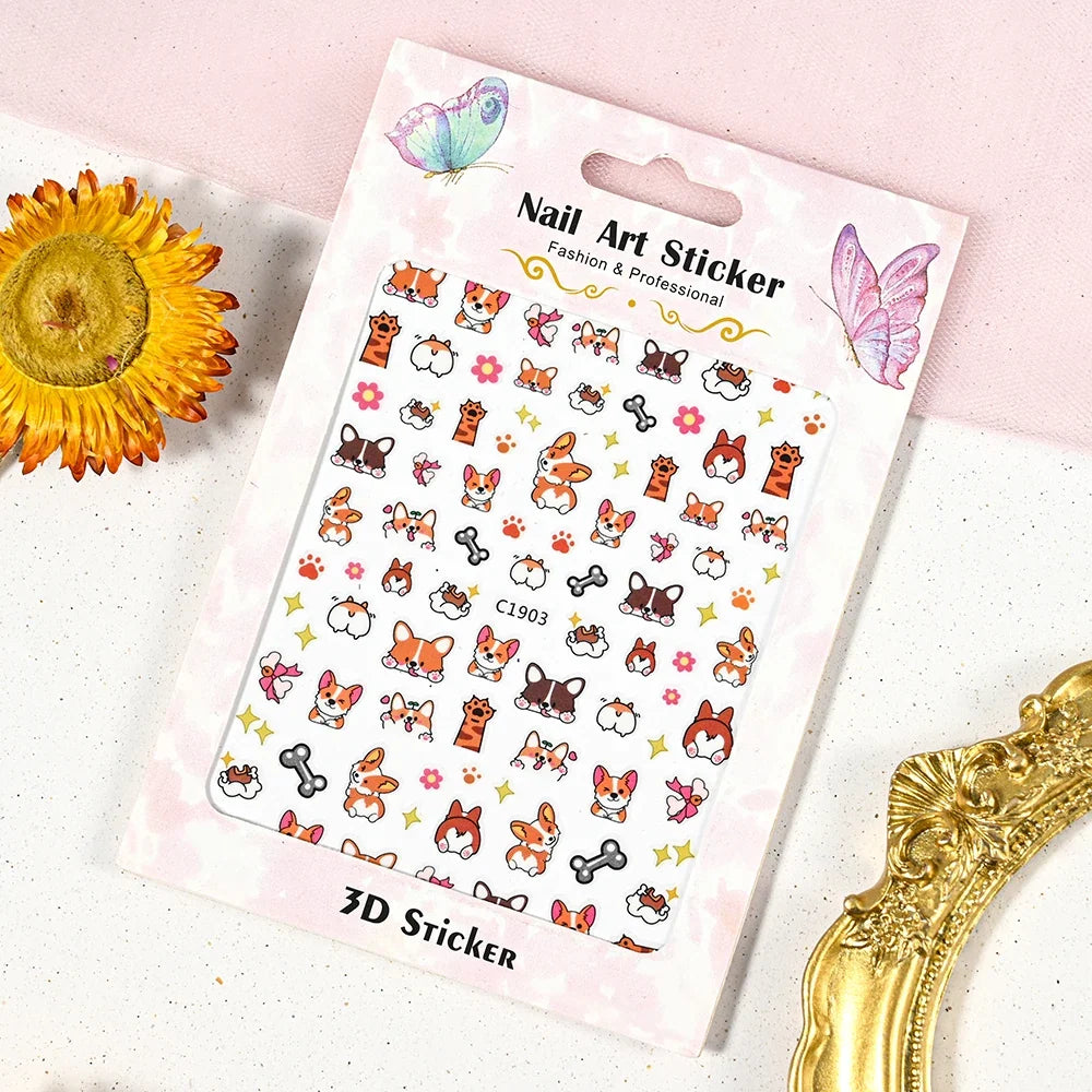 Cute cat and puppy 3D nail decals by Blushimmer featuring animal cartoon designs and self-adhesive relief nail art stickers.