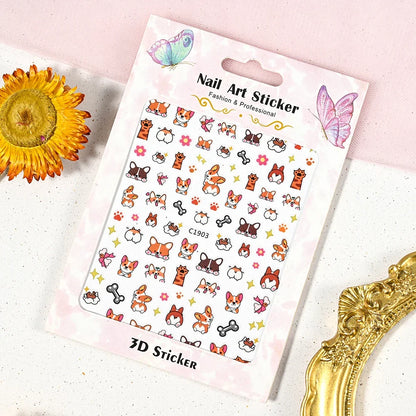 Cute cat and puppy 3D nail decals by Blushimmer featuring animal cartoon designs and self-adhesive relief nail art stickers.