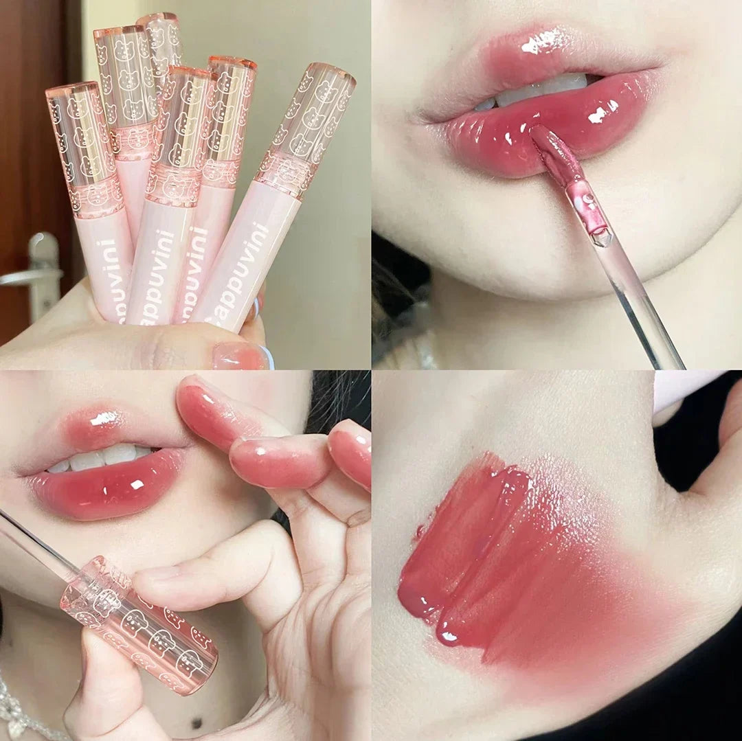 Blushimmer Cherry Pink Mirror Water Lip Gloss featuring shiny, moisturizing glass lip oil with a pink cherry hue.