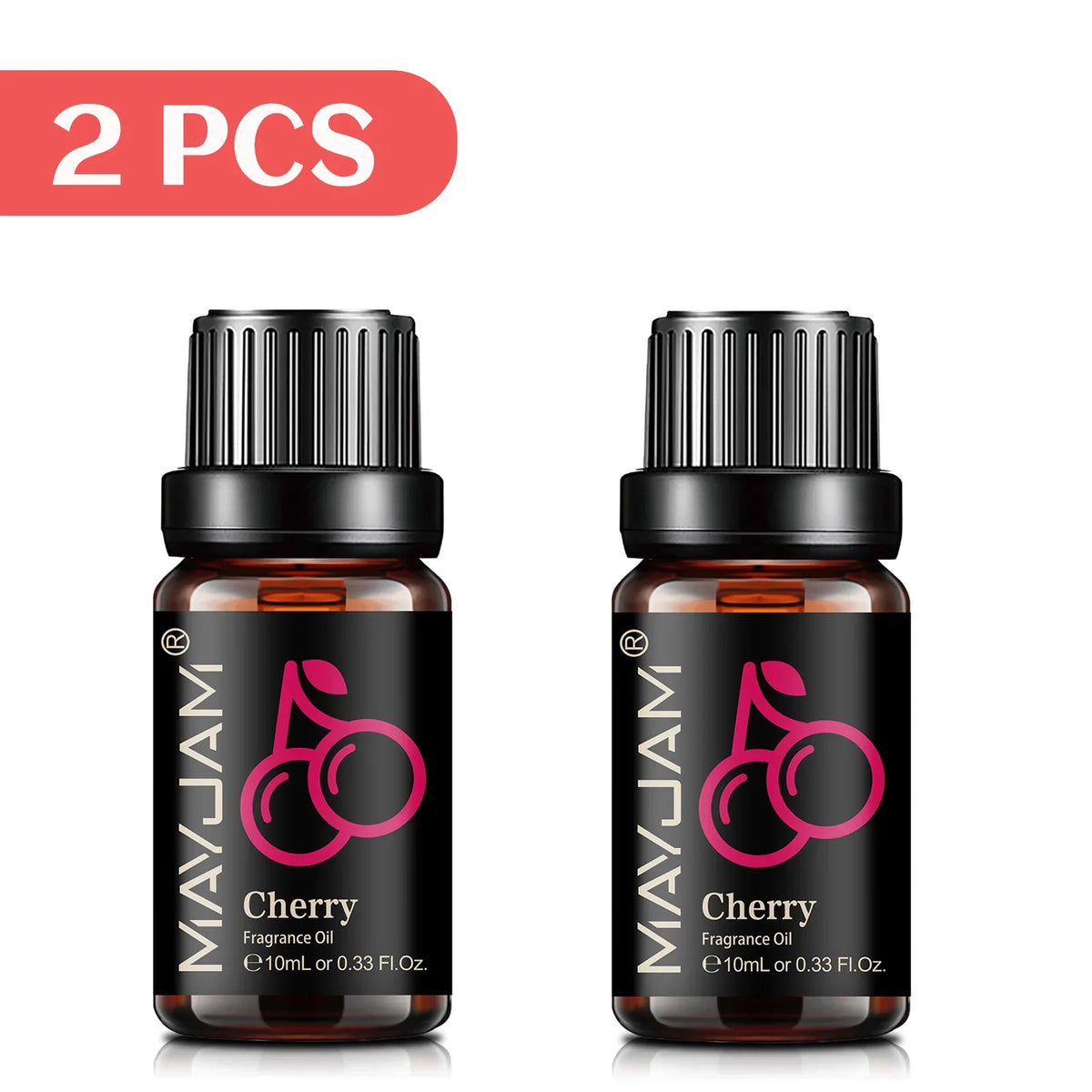 Blushimmer MAYJAM fruit essential oil bottle featuring cherry, banana, papaya, grape, litchi, guava, kiwifruit, pear, and fig aromas.