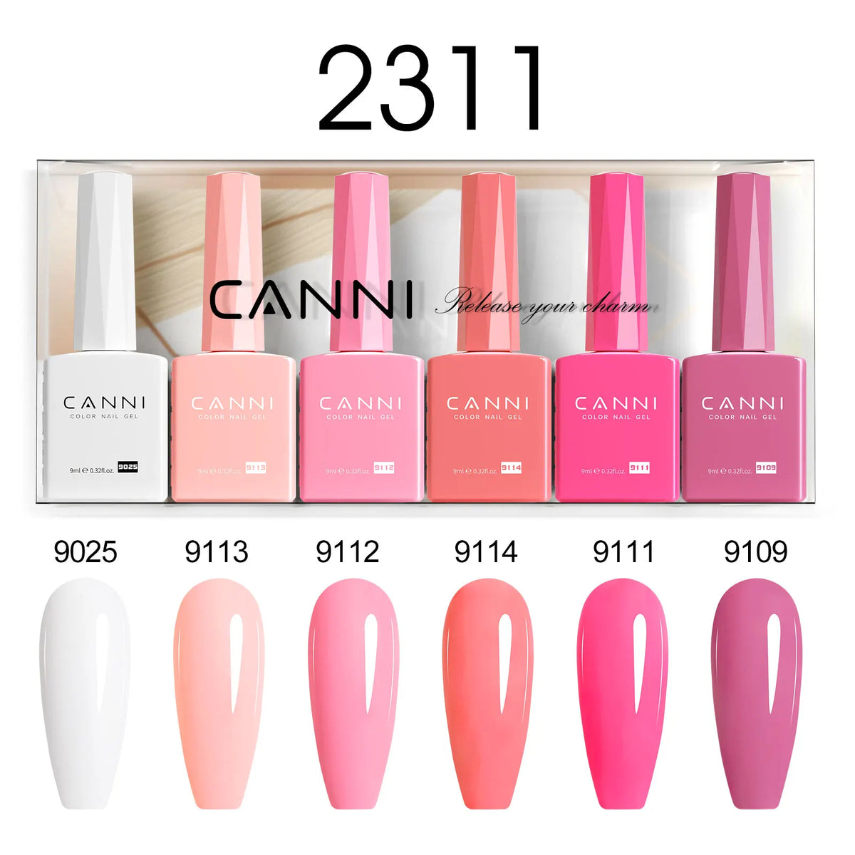 Blushimmer 6-pack 9ml CANNI nail gel polish kit with nude, pink, and jade jelly shades for natural French nail designs.
