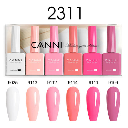 Blushimmer 6-pack 9ml CANNI nail gel polish kit with nude, pink, and jade jelly shades for natural French nail designs.