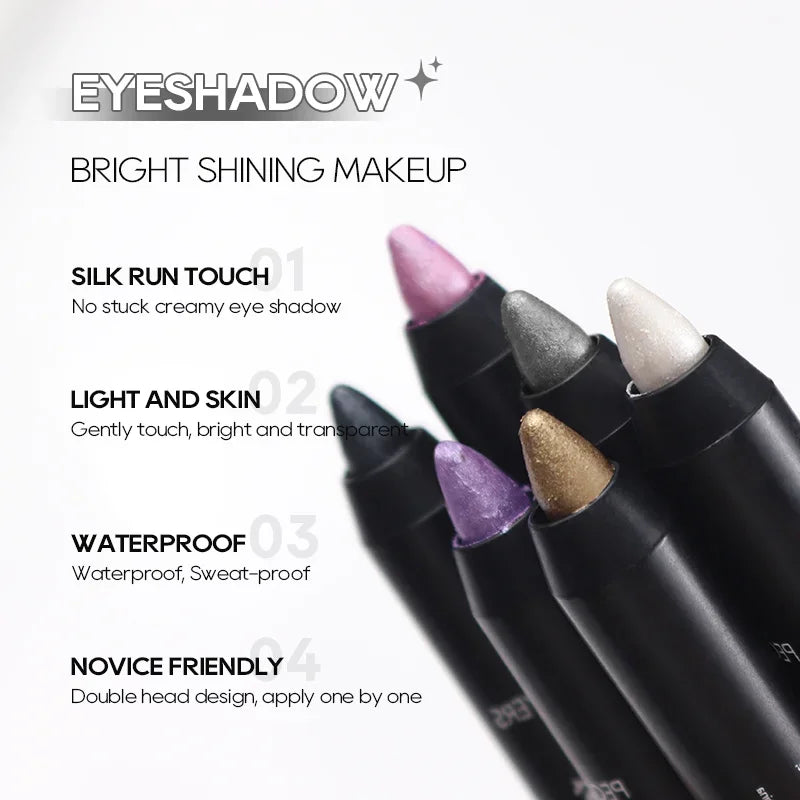 Blushimmer waterproof eyeshadow pencil stick with pearly shimmer in six colors, ideal for long-lasting eye makeup and eyeliner.