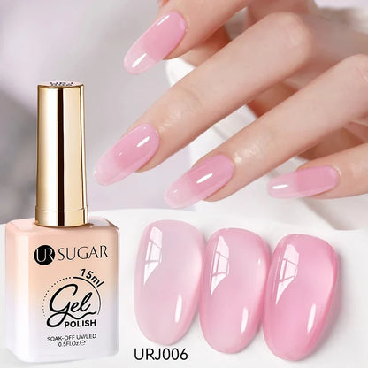 Blushimmer UR SUGAR 15ml translucent white gel polish bottle, semi-permanent UV gel for nail art and soak-off manicure.