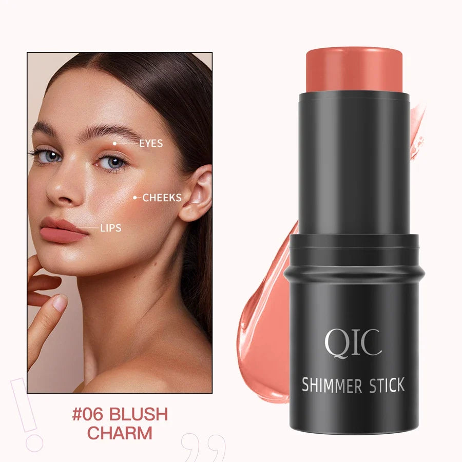 Blushimmer face contouring bronzer stick with highlighter, blusher, and concealer for makeup highlighting and brightening.