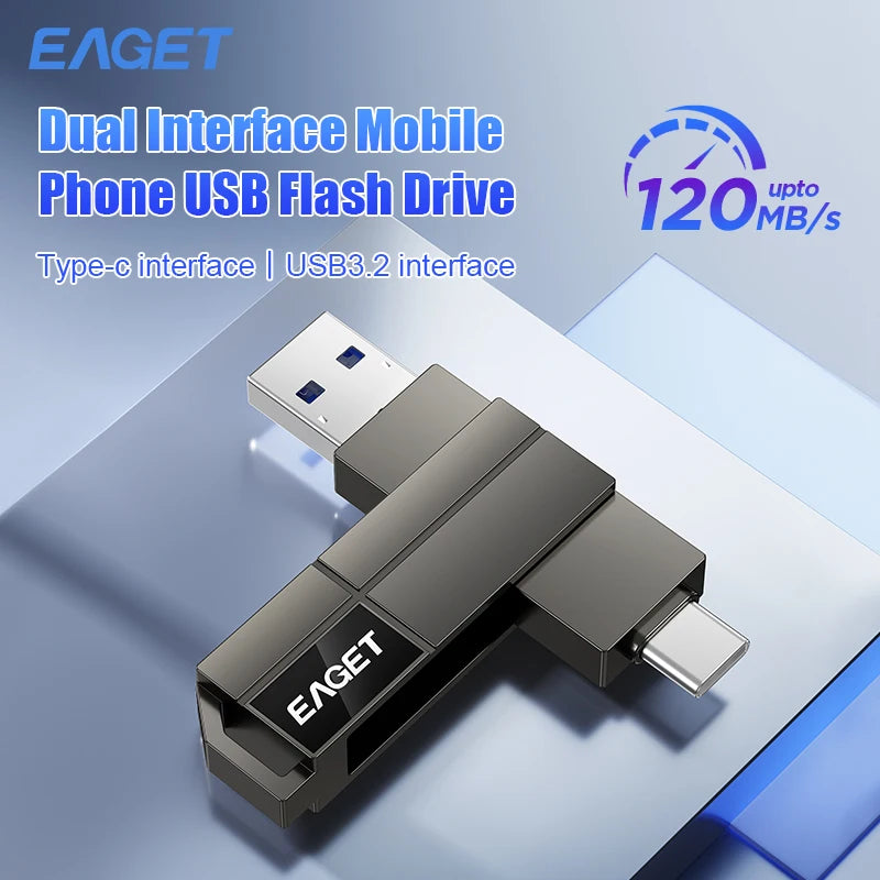 Eaget 2 in 1 Pendrive 120Mb/s USB Flash Drive Metal 360°Rotation 1TB USB Memory Stick USB Key for PC Tablet Mobile Phone
