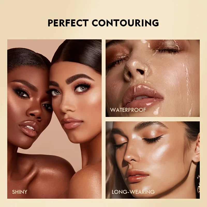 Blushimmer liquid highlighter in 9 colors, waterproof, multi-use for cheeks, eyes, face, lips, and body with a luminous finish.