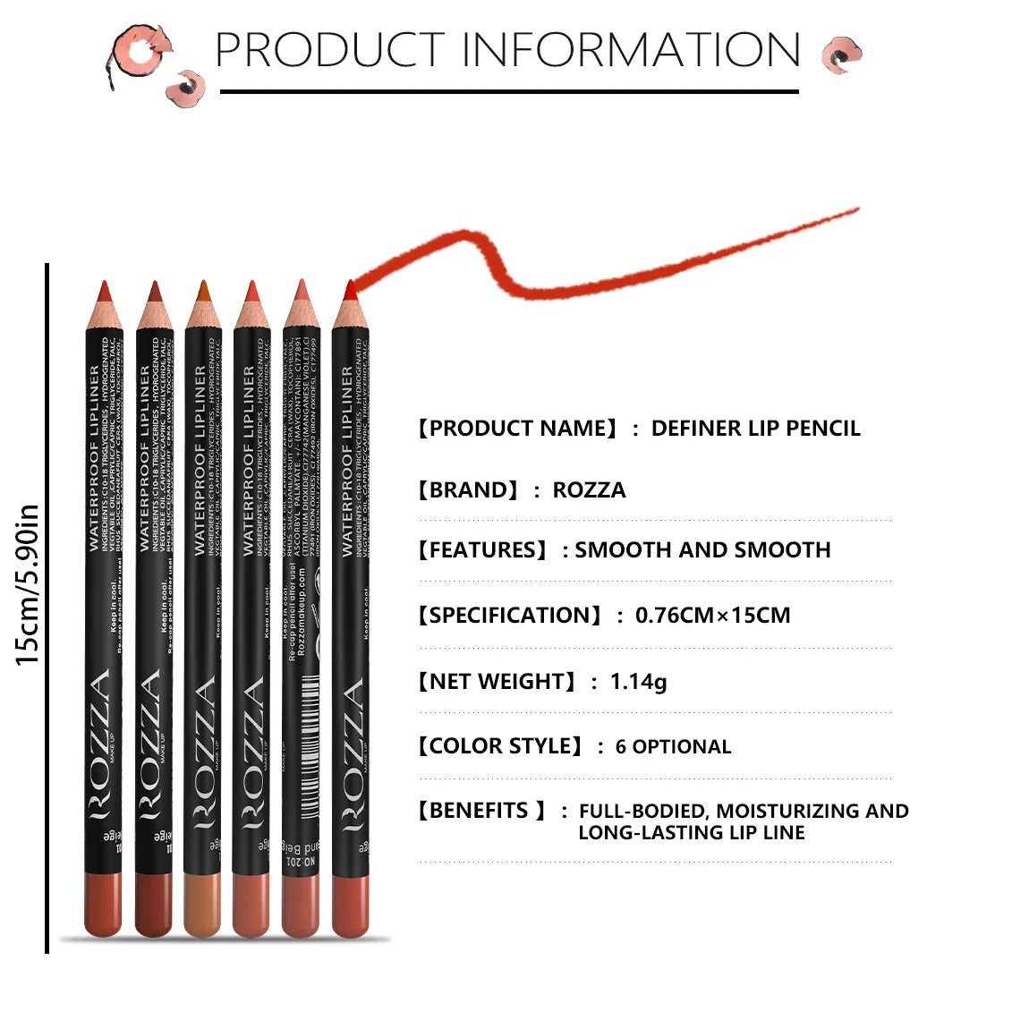 Blushimmer nude matte lipstick pencil with 14 color options, waterproof, long-lasting lip liner and lip makeup tool.