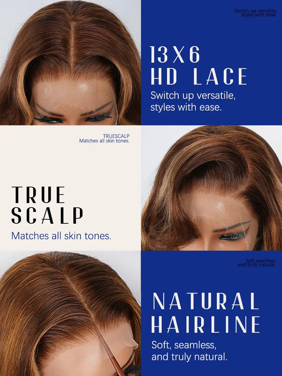 Selvanelle P4/27 Highlight Body Wave wig, 40-inch long, high-density human hair with transparent Swiss lace frontal.