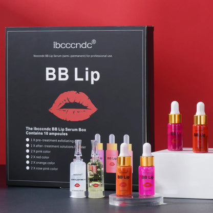 Blushimmer BB Lips Ampoule Serum Starter Set with semi-permanent lip tint kit, featuring serum bottles and lip tint applicators.