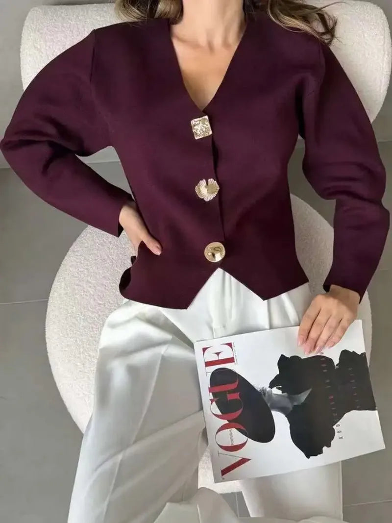 Fashion Simple Commuting Button V-neck Short Knitted Cardigan 2025 New Autumn and Winter Women's Solid Long-sleeved Sweater