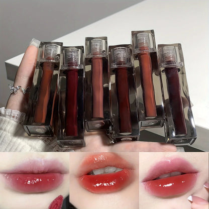 Close-up of Blushimmer Adorable Bear Mirror Lip Glaze showing its glossy, hydrating liquid lipstick with a watery texture and bear-shaped packaging