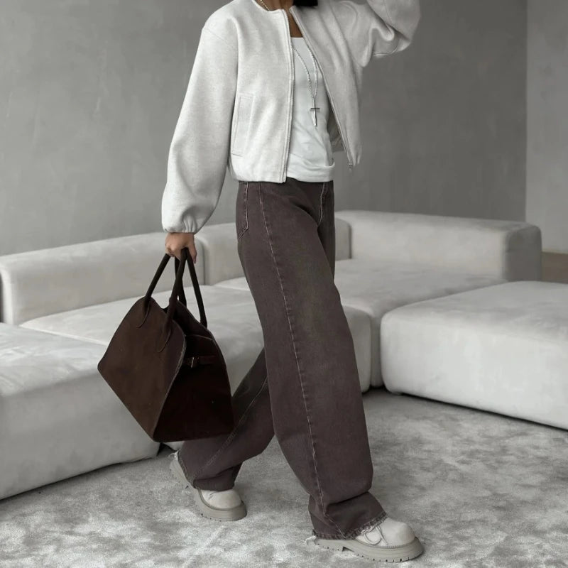 2025 New Retro Loose Casual Pants Women's Four Seasons Versatile High Waist Brown Straight Leg Jeans