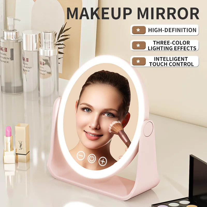 Blushimmer LED portable makeup mirror with touch dimming, 3X magnifier, rechargeable design, and flip light for vanity or desk use.