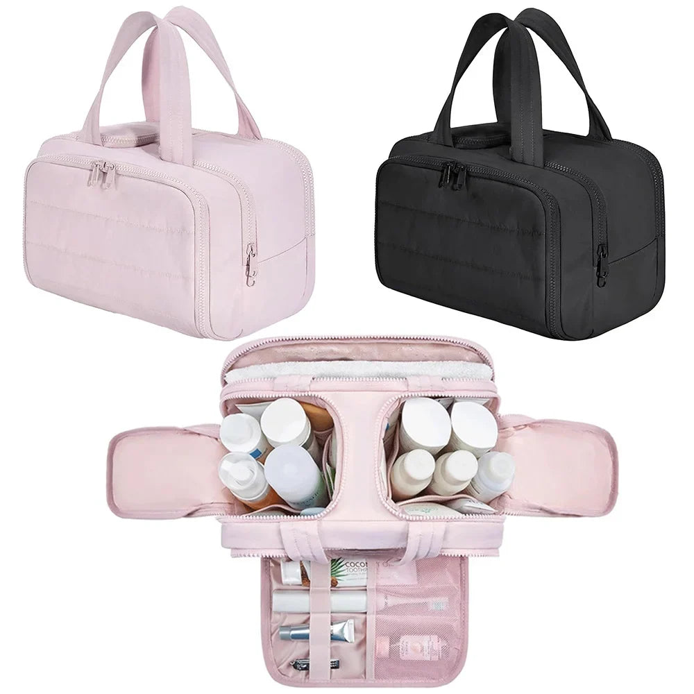 Large capacity Blushimmer cosmetic bag with multiple compartments for travel toiletries, waterproof shower makeup organizer.
