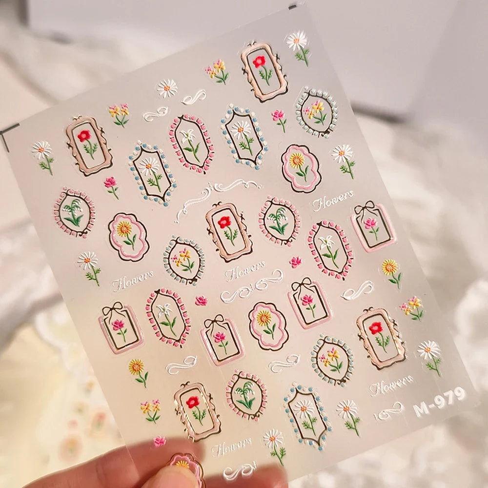 1pc Flower Nail Stickers Summer Floral Leaf Plant 5D Embossed Nail Slider Decals Self-Adhesive Nail Art Supplies Manicure Decor