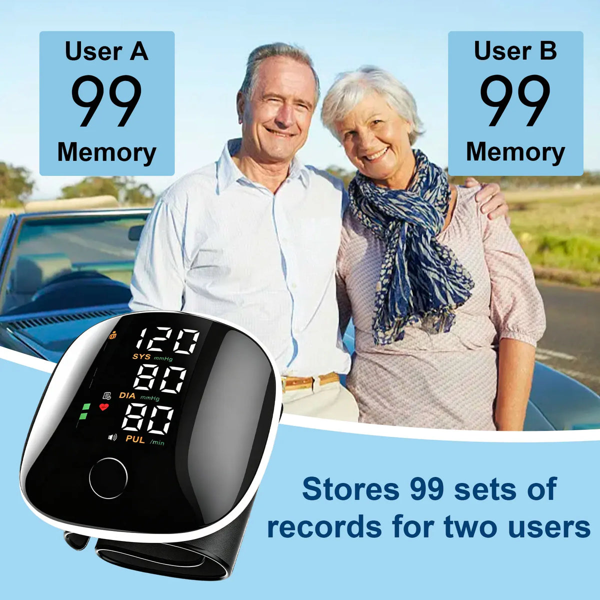 Rechargeable NAIL Store digital wrist blood pressure monitor with LED display, voice broadcast, heart rate detection, and portable case.