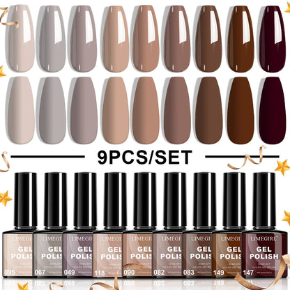 Blushimmer LimeGIRL 9-color gel nail polish set with macaron shades, UV LED soaking semi-permanent gel kit for nail art design.
