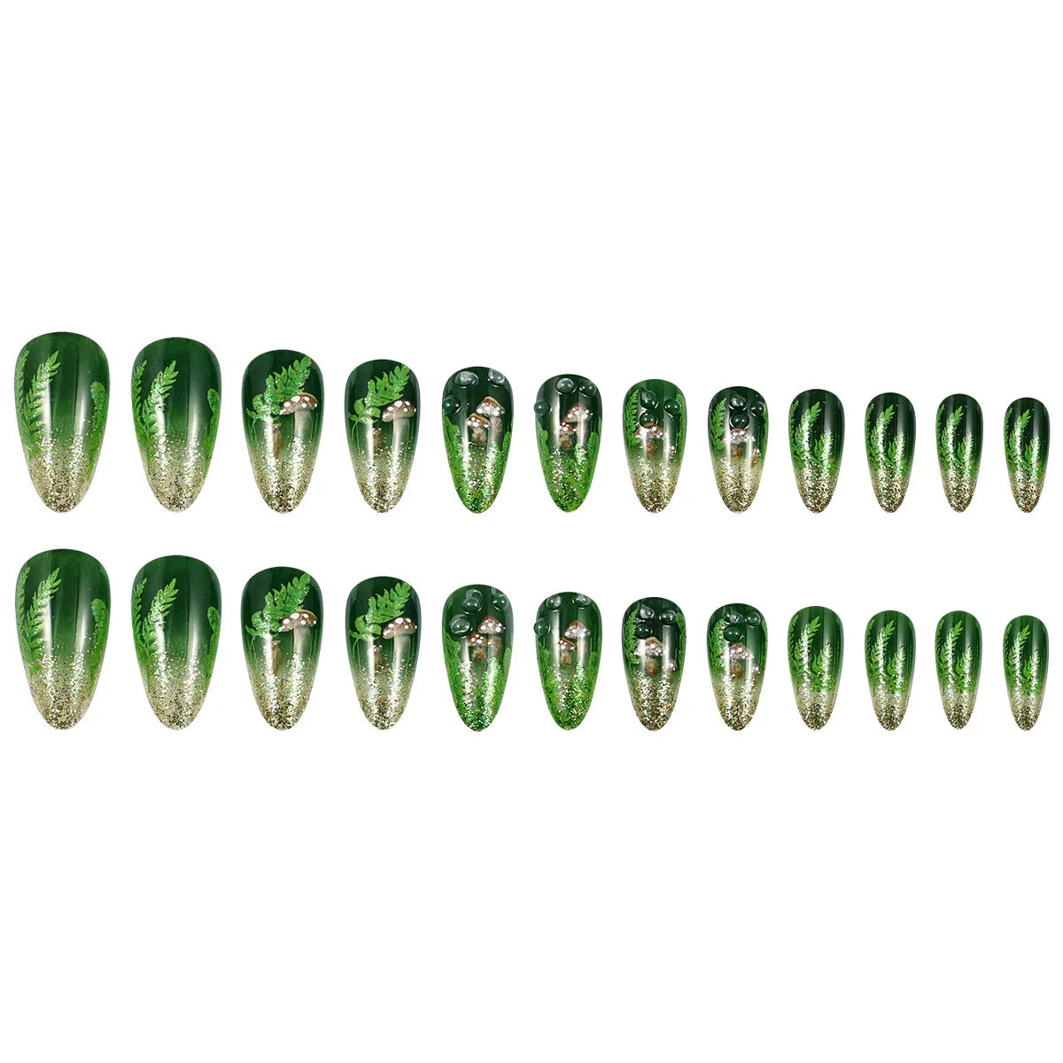 Set of 24 glossy almond false nails by Blushimmer with dark green forest mushroom pattern, gold sequins, and French style design.