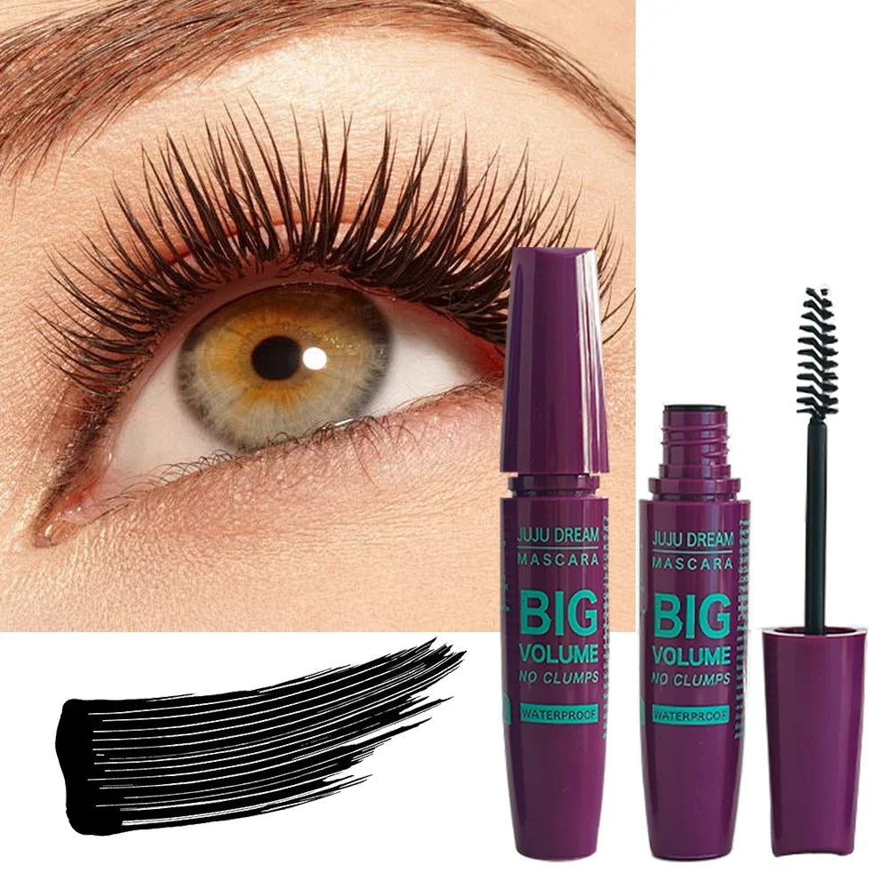 Juju Dream 4D Black Waterproof Fiber Mascara by Blushimmer, full size 5g tube with wand showing thick, volumizing mascara.